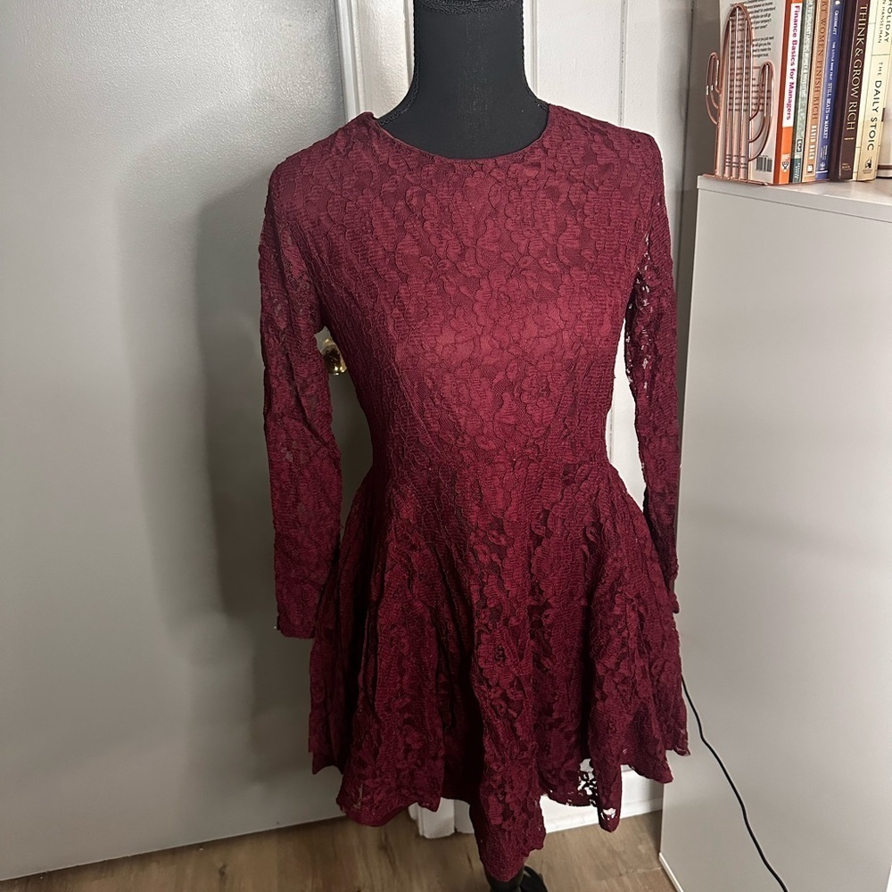 Altar’d State Elegant Burgundy Lace Dress 3/4 Sleeve Skater Dress